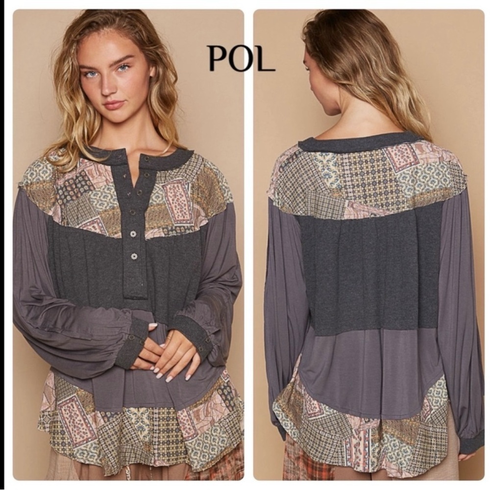 Pol Women's Patchwork Charcoal Blouse - image 1